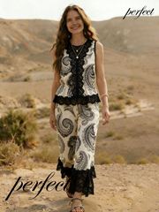 Sleeveless lace-printed suit
