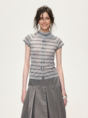 Stand-Collar Double-Breasted Striped Knit T-Shirt