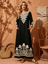 Women's Cotton-Linen Casual Long Robe with Iris Floral Print