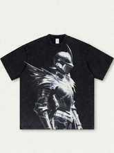 Black acid-wash finish with a medieval knight graphic print