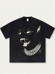 Black washed finish with a rhinestone-embellished black cat graphic print.