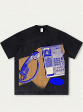 Black Washed Vintage Telephone Print T-Shirt