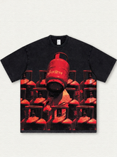 Black washed T-shirt with abstract gas canister print