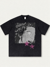 Black washed T-shirt with portrait print
