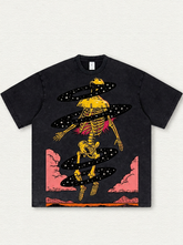 Black Washed T-Shirt with Star-Ring Skull Print
