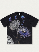 Black washed T-shirt with digital floral print