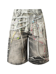 Distressed shorts with 3D pearl chain print