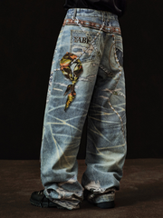 3D Street-Style Ripped Jeans with Rhinestone Chain Print