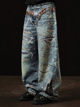 3D Street-Style Ripped Jeans with Rhinestone Chain Print