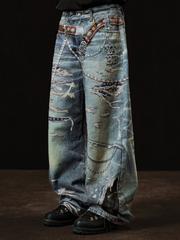 3D Street-Style Ripped Jeans with Rhinestone Chain Print