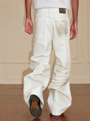 Jeans with 3D Whiskering and Pleated Waist Detail