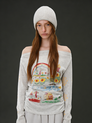 One-shoulder printed sun protection long-sleeved top