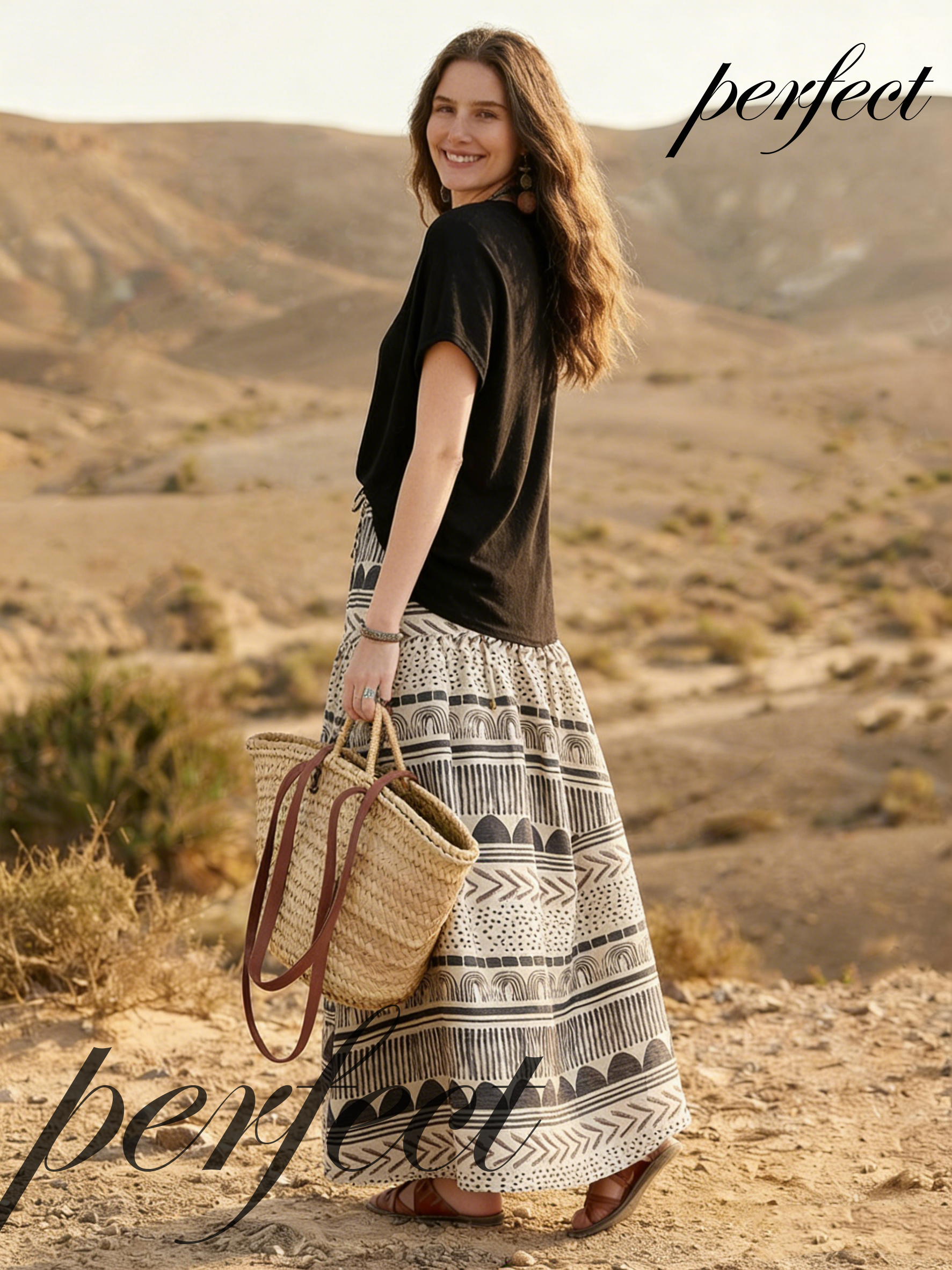 Bohemian style linen midi skirt