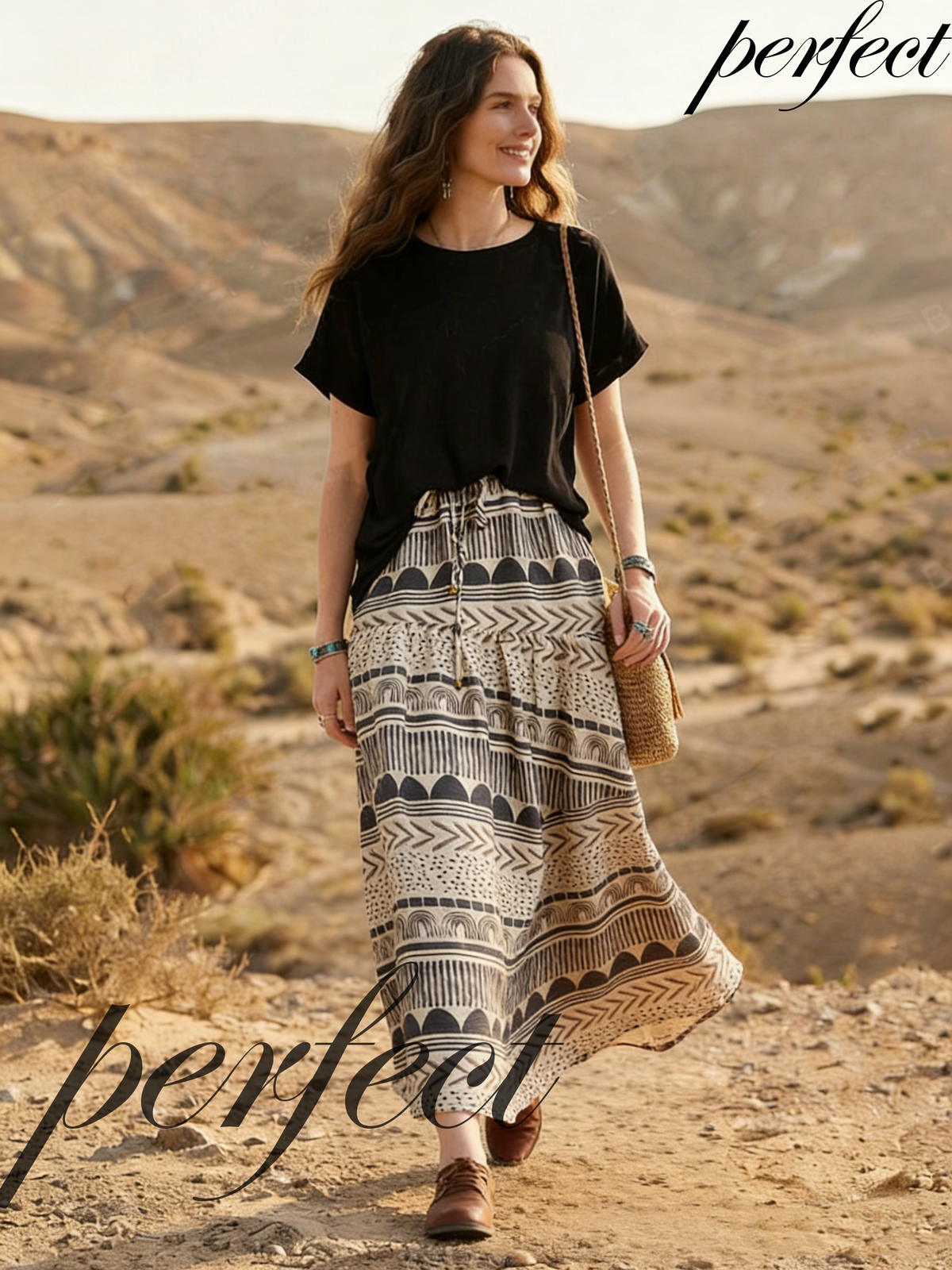Bohemian style linen midi skirt