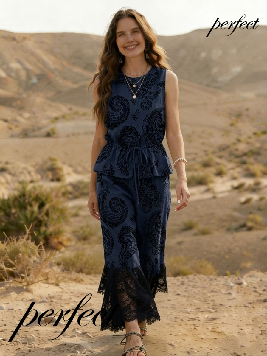 Sleeveless lace-printed suit