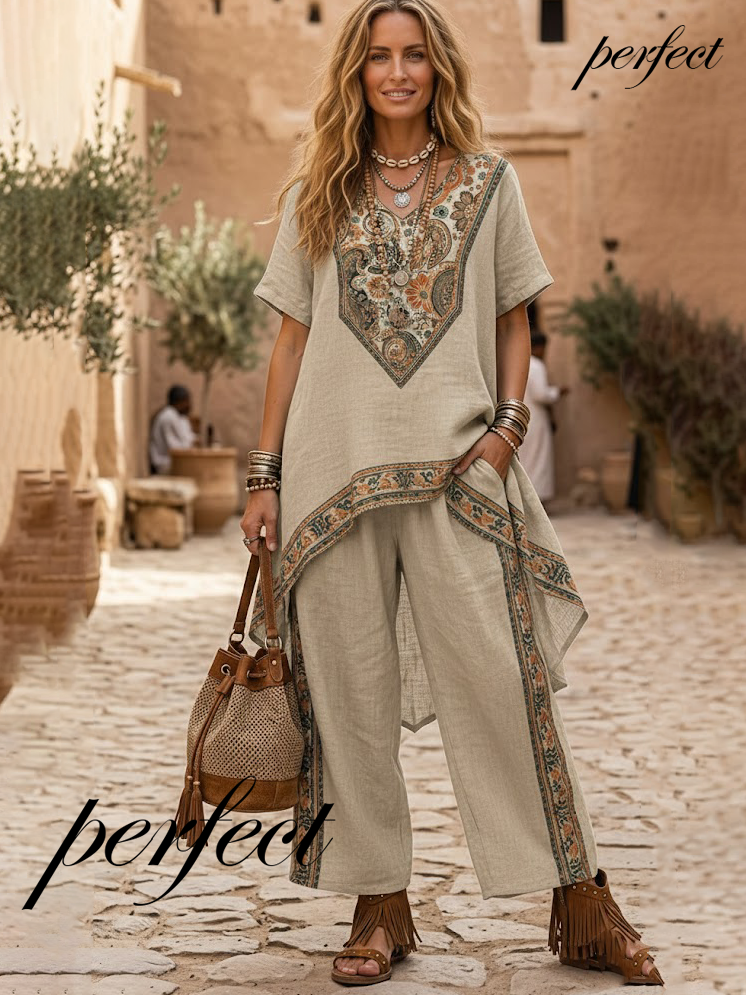 Women's Spring/Summer Cotton Linen Casual Vacation Two-Piece Set.