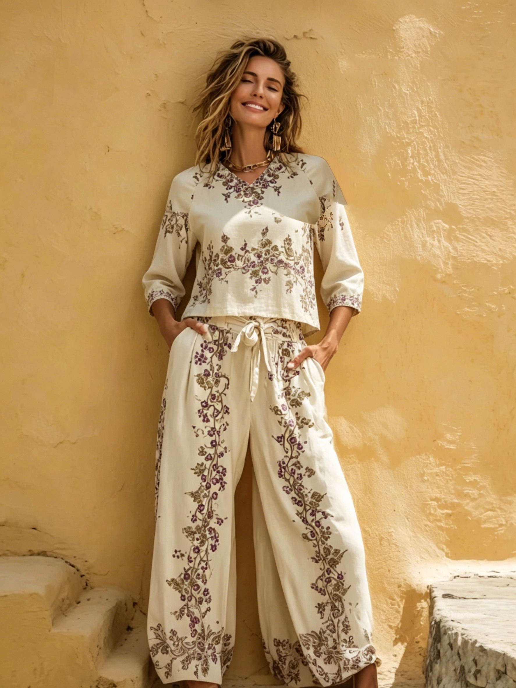 Women's Printed Cotton-Linen Long Suit Set