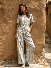 Women's Overlapping Texture Print Short-Sleeve Set