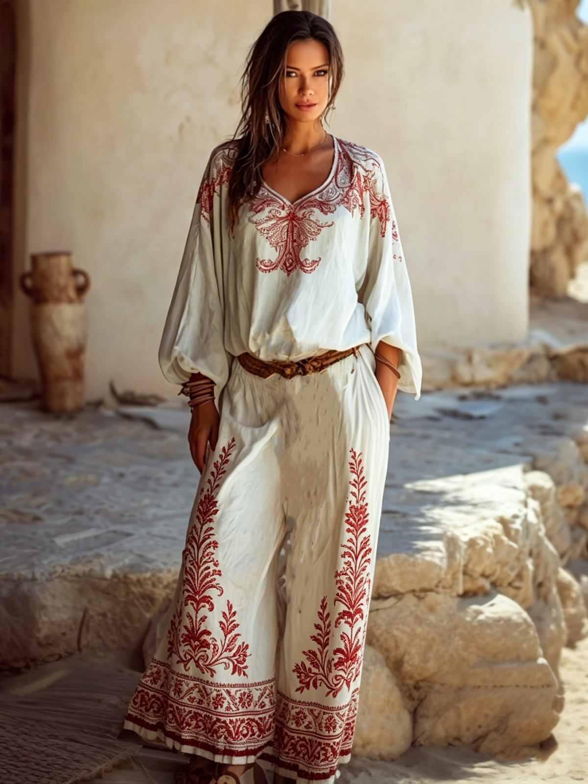 Women's Red Vintage-Print Casual Set