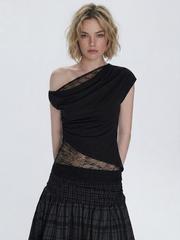 Women's Knitted T-Shirt with Lace Splicing
