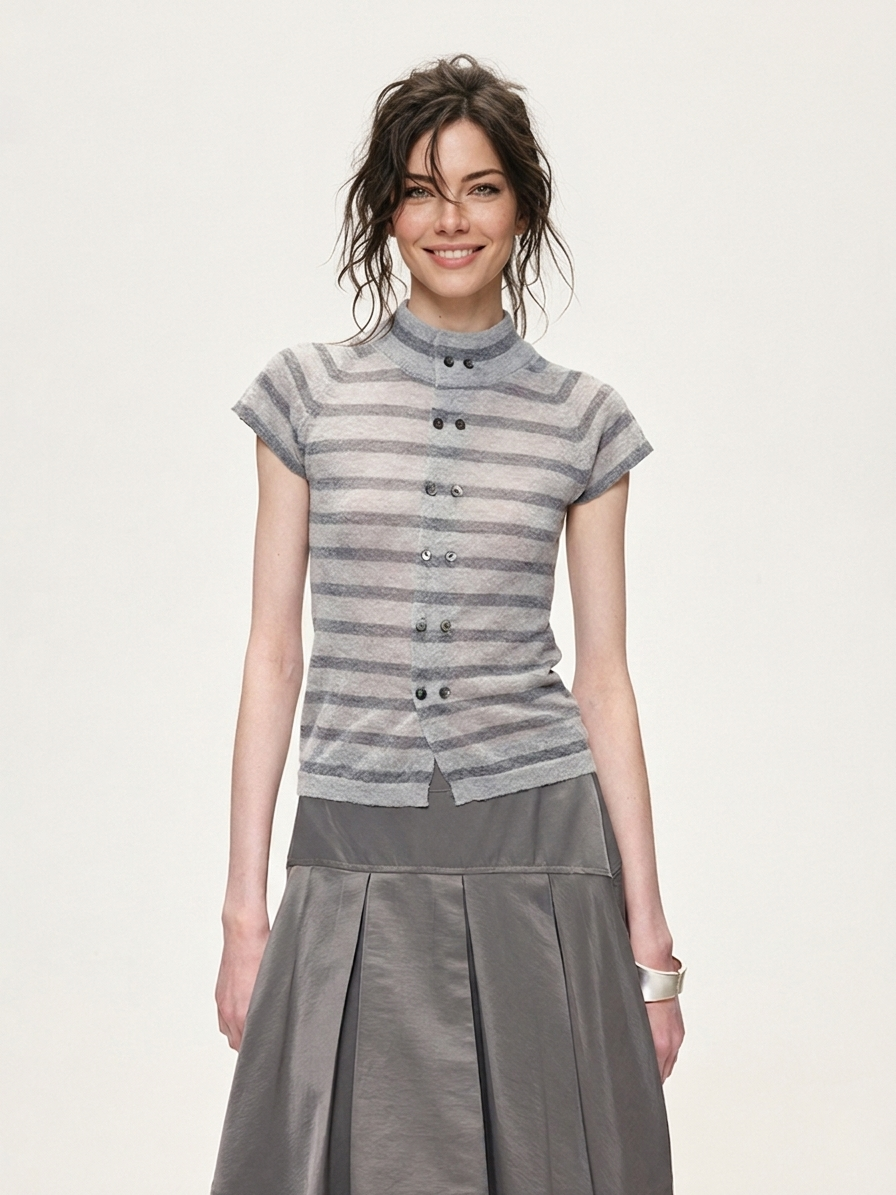 Stand-Collar Double-Breasted Striped Knit T-Shirt