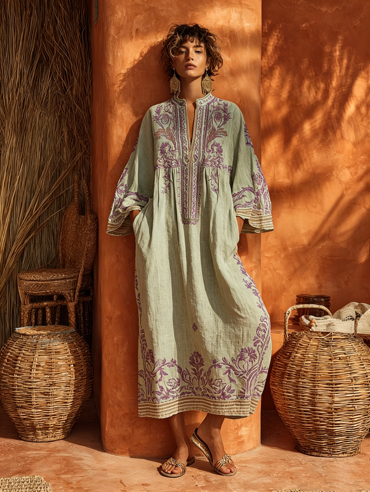 Women's Spring/Summer Printed Cotton-Linen Long Robe