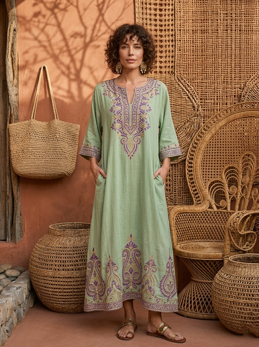 Women's Cotton-Linen Casual Floral-Print Robe