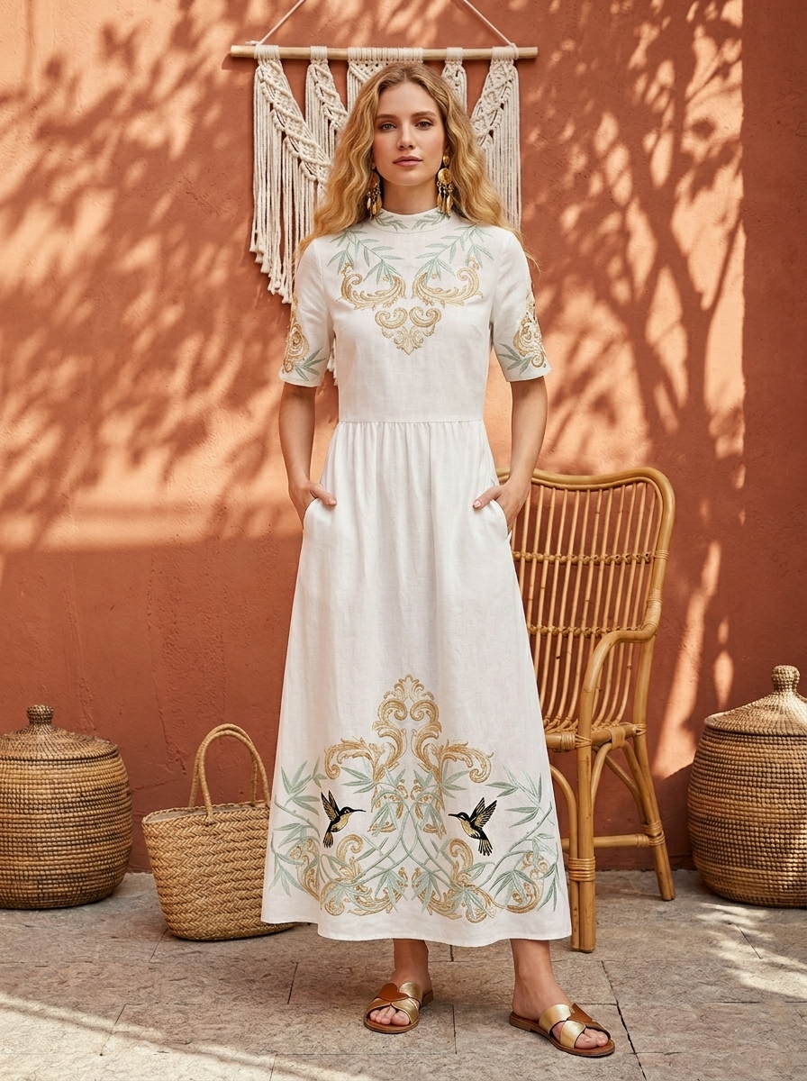 Women's Spring/Summer Printed Cotton-Linen Dress