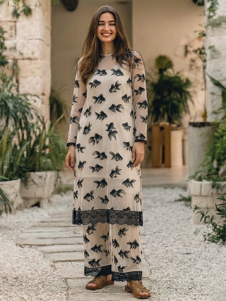Blended Lace-Paneled Goldfish Print Set
