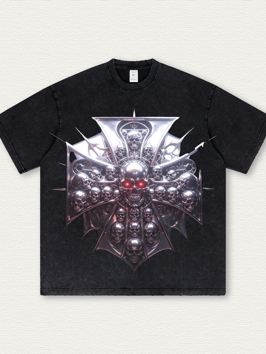 Acid-wash T-shirt with skull print