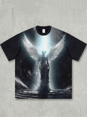 Acid-wash T-shirt with "Holy Light Angel" print