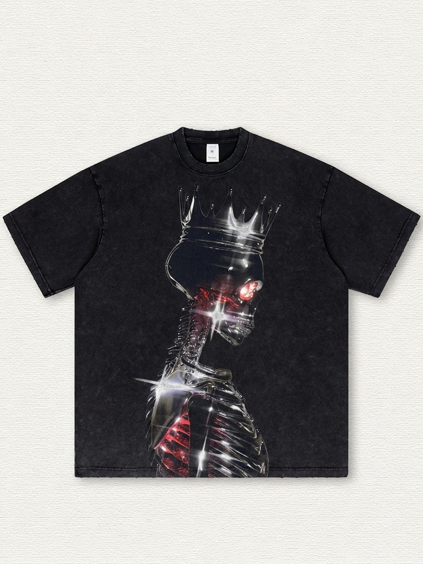 Acid-wash T-shirt with crown and skull print
