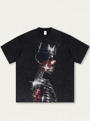 Acid-wash T-shirt with crown and skull print