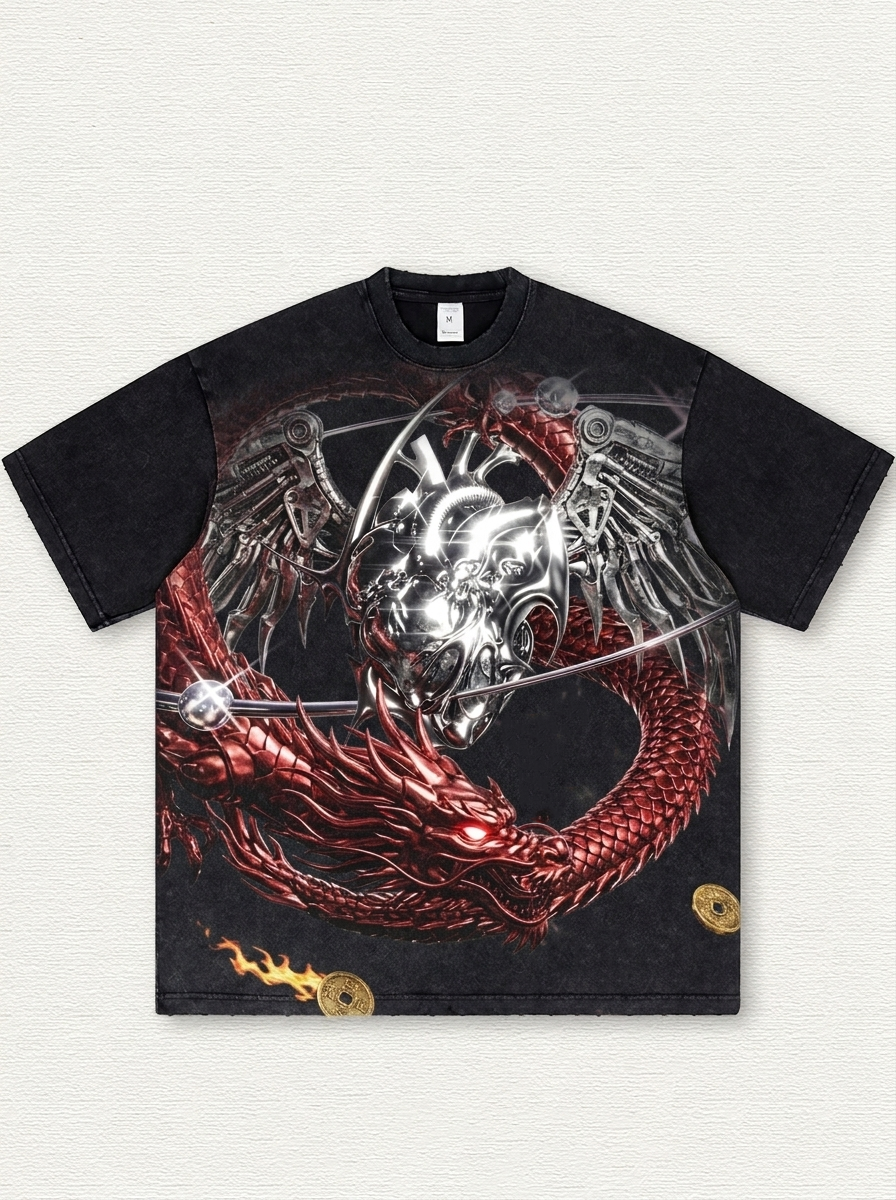 Washed T-shirt with red dragon print