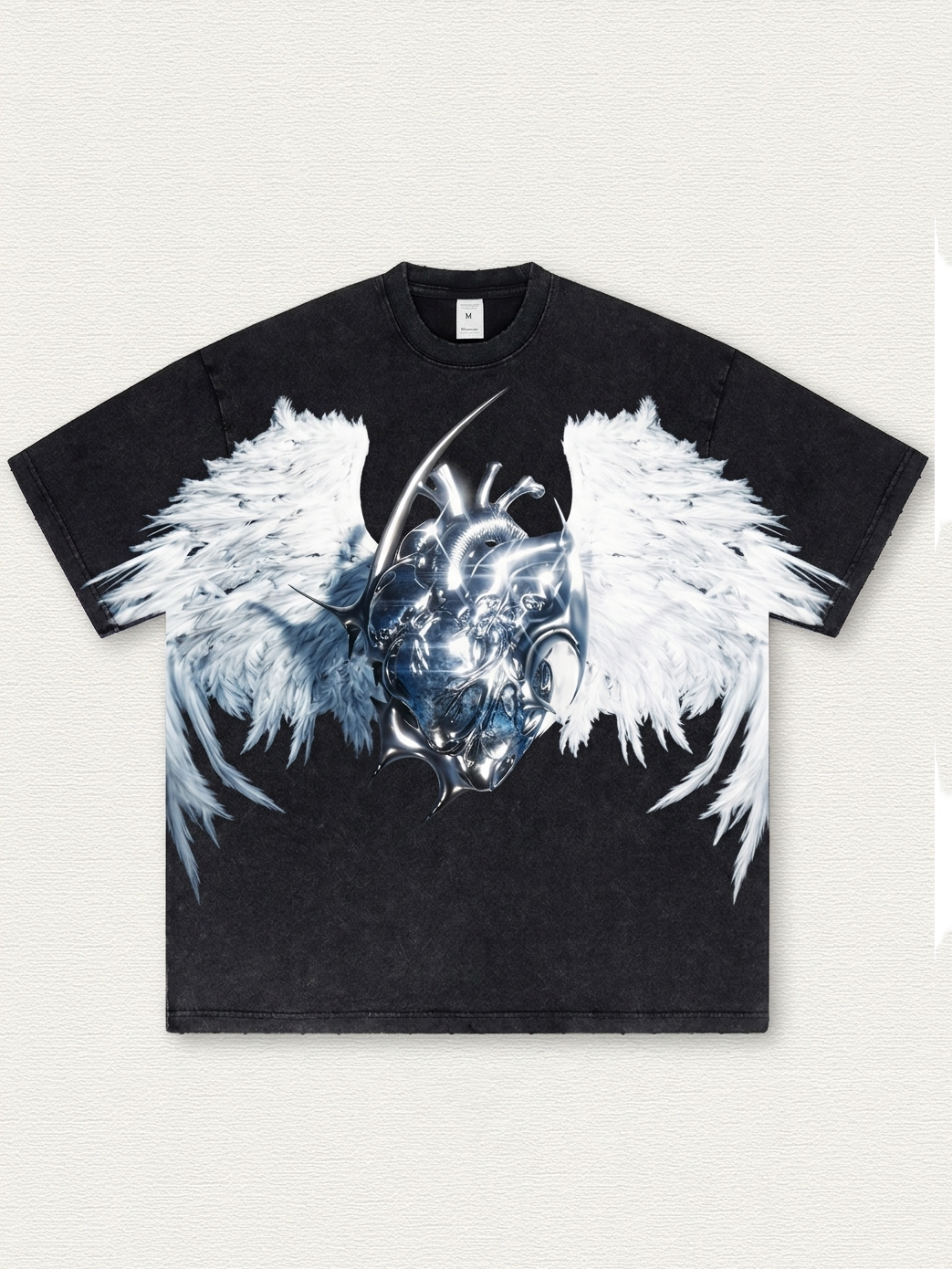 Acid-wash T-shirt with mechanical heart and feather print