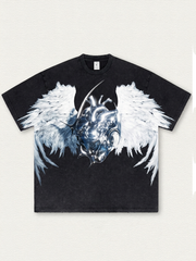 Acid-wash T-shirt with mechanical heart and feather print