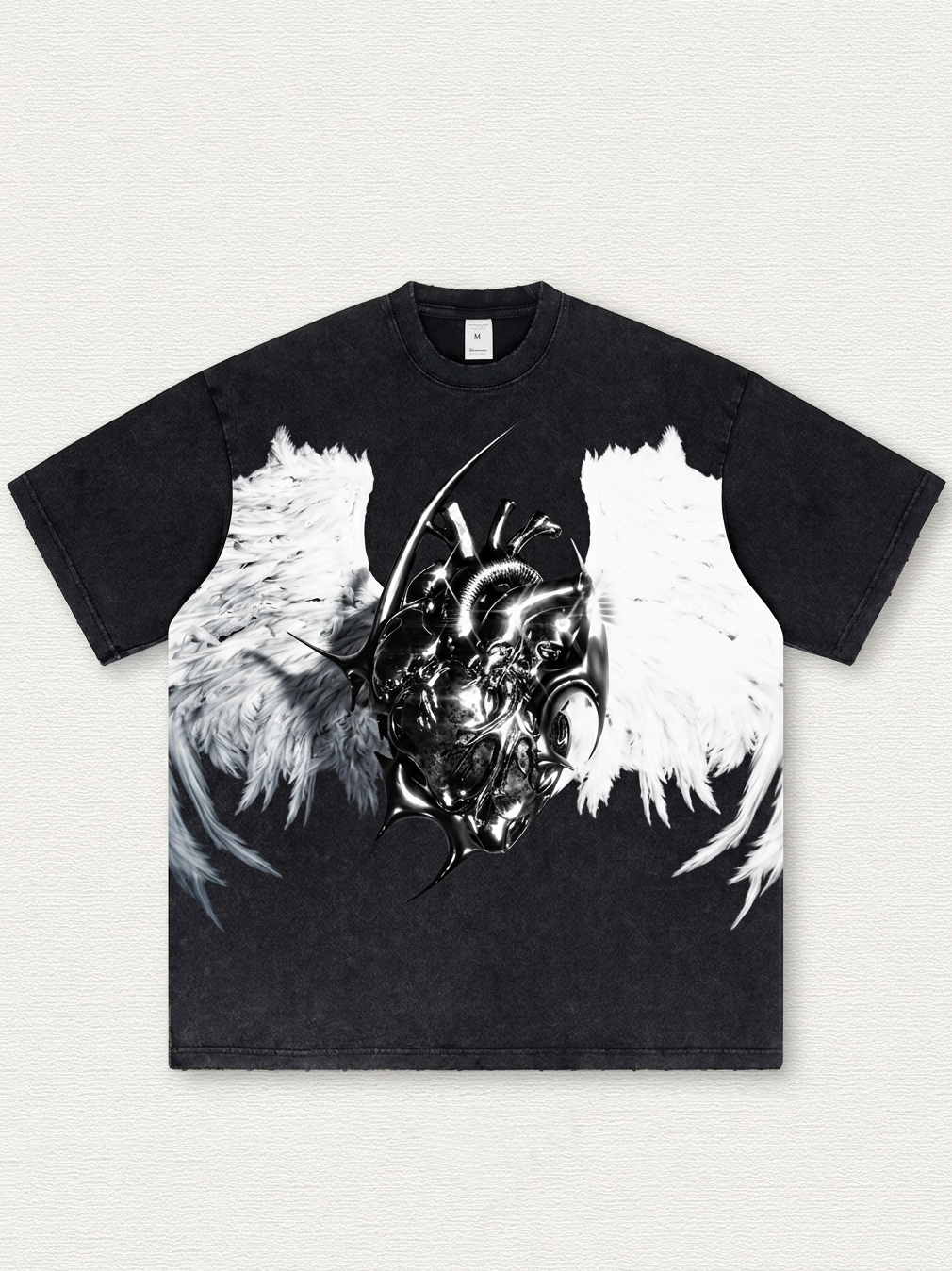 Acid-wash T-shirt with mechanical heart and feather print
