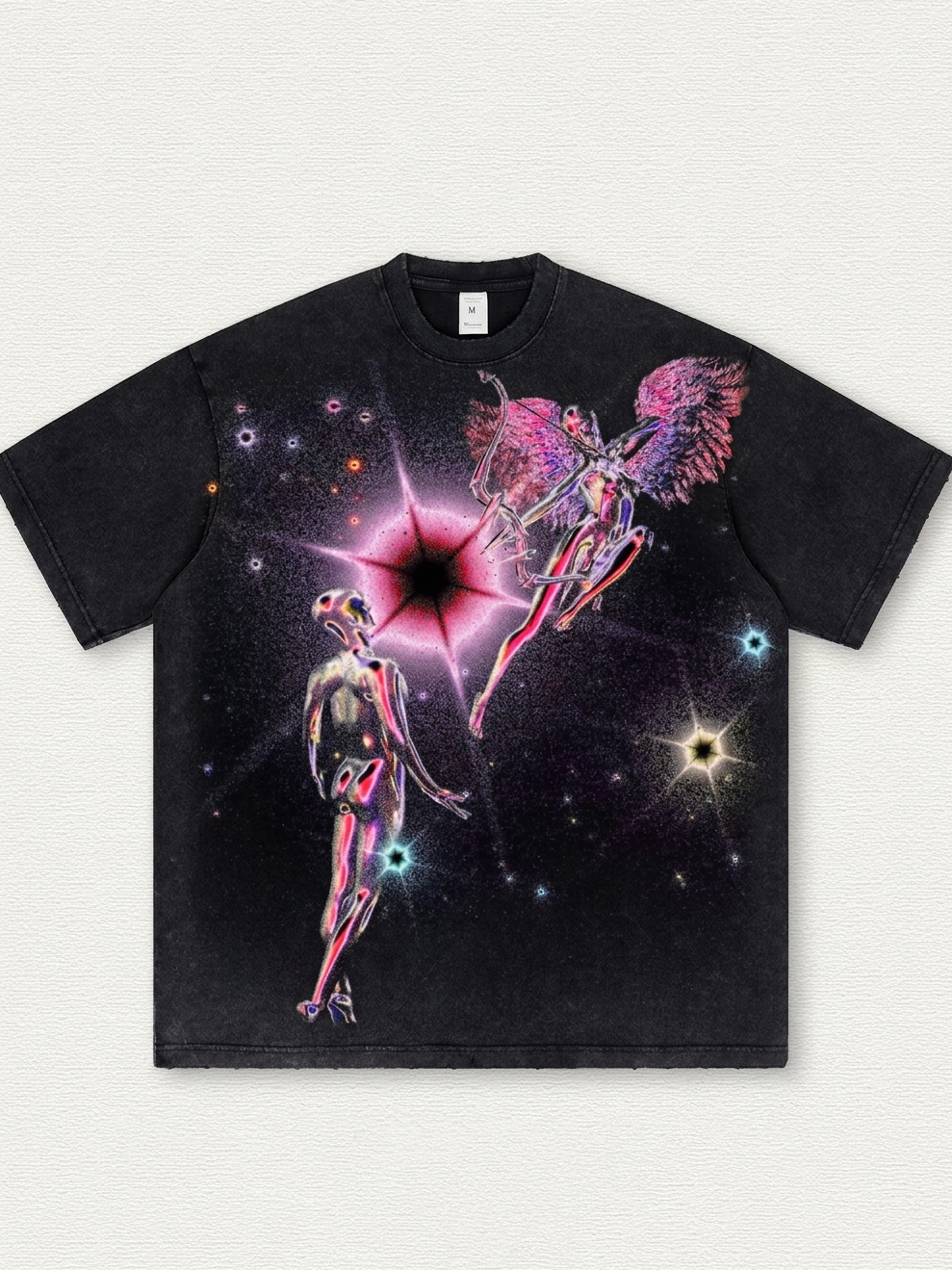 Black washed T-shirt with angel print