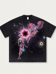 Black washed T-shirt with angel print