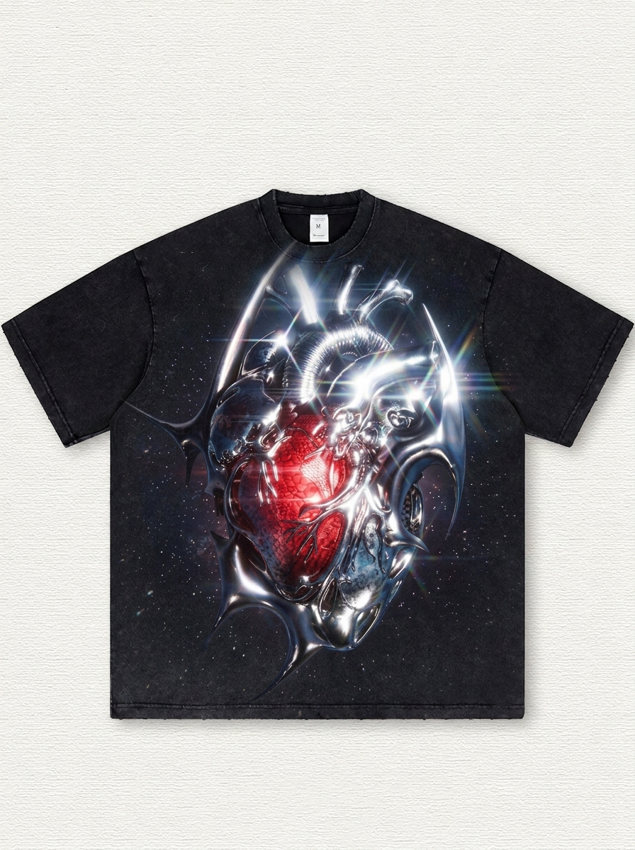 Black washed T-shirt with heart print