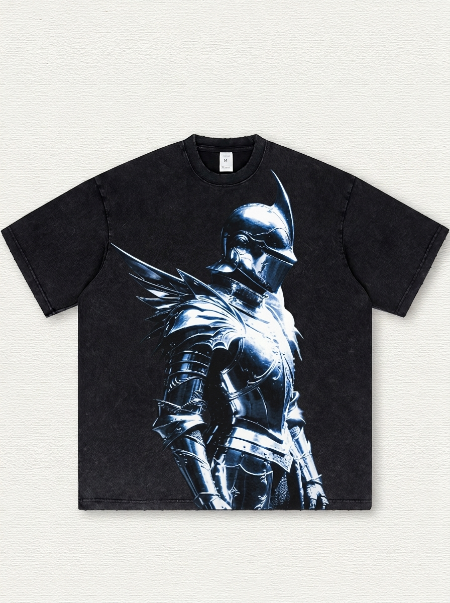 Black acid-wash finish with a medieval knight graphic print