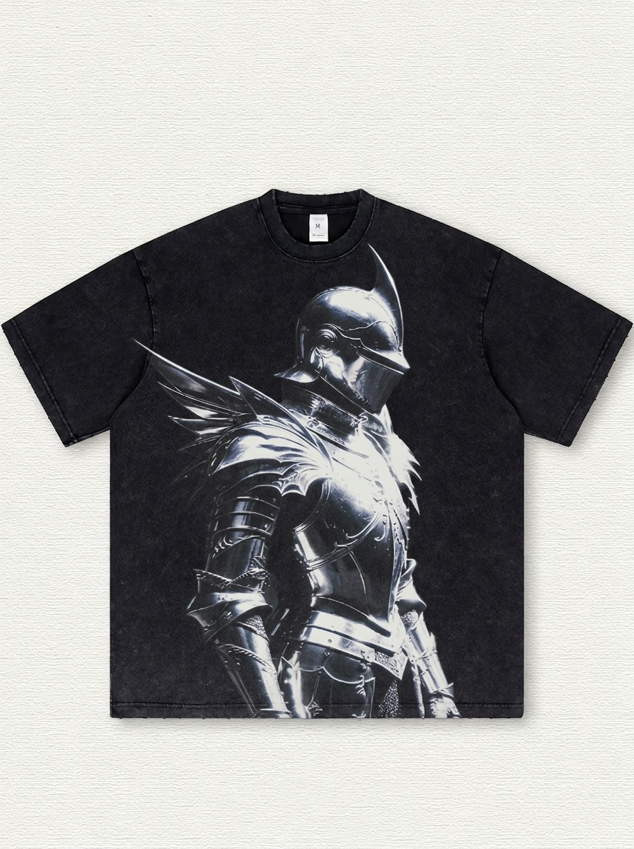 Black acid-wash finish with a medieval knight graphic print