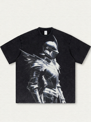 Black acid-wash finish with a medieval knight graphic print