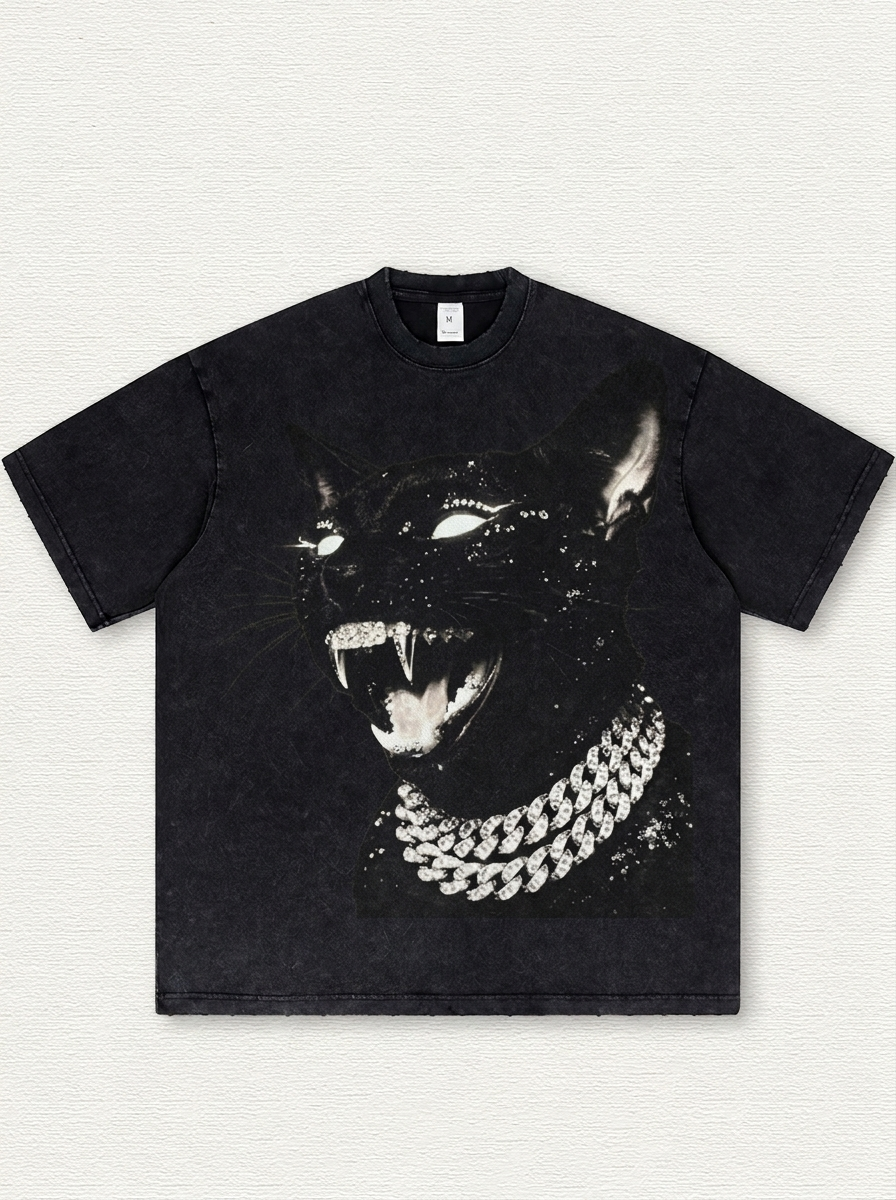 Black washed finish with a rhinestone-embellished black cat graphic print.