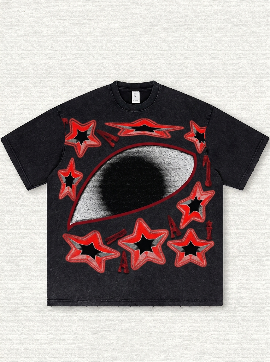 Black washed-effect star and eye print