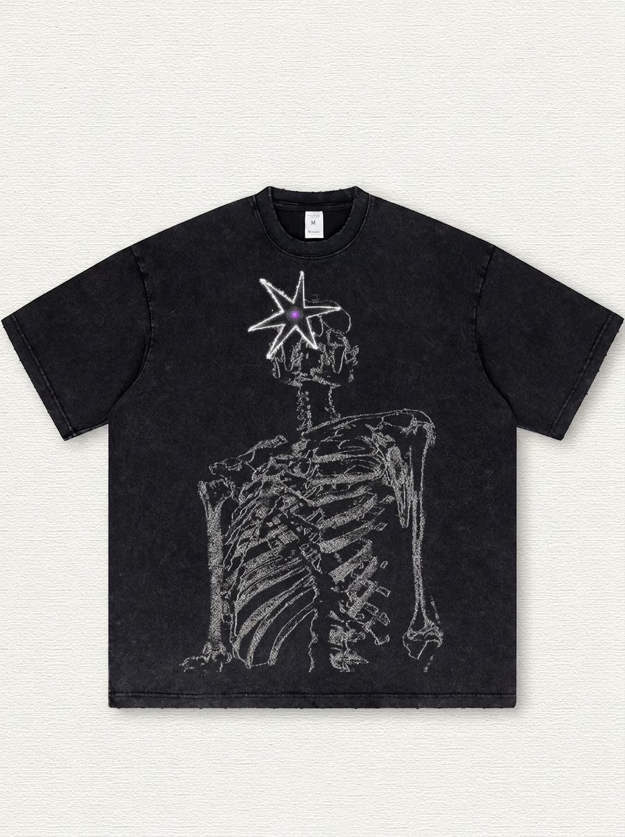 Black washed finish with starry skull print