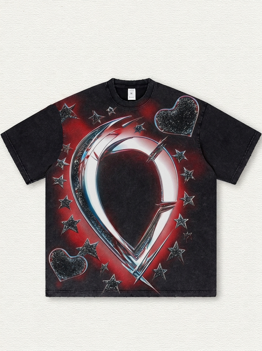 Black washed finish with a curved heart print