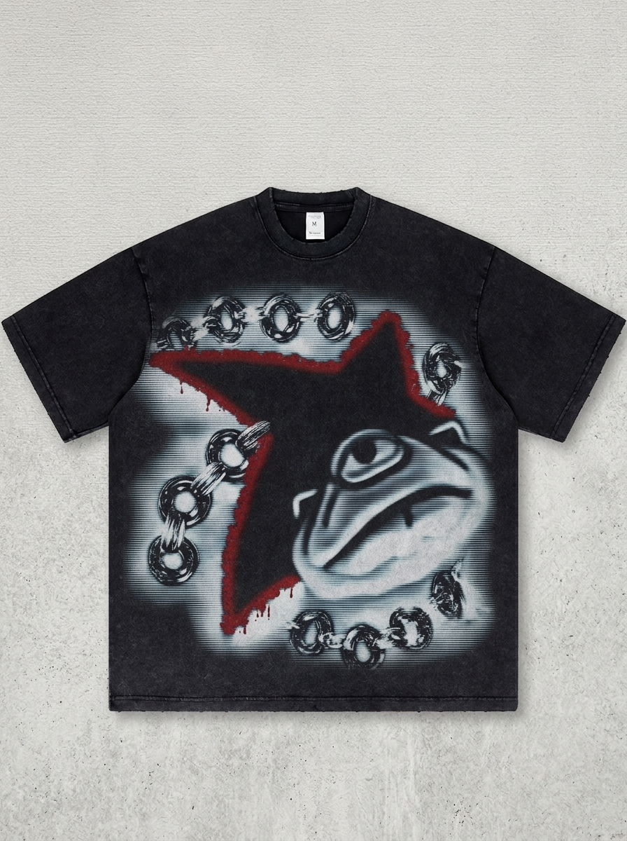 Black acid-wash print featuring a chain-bound monster motif.