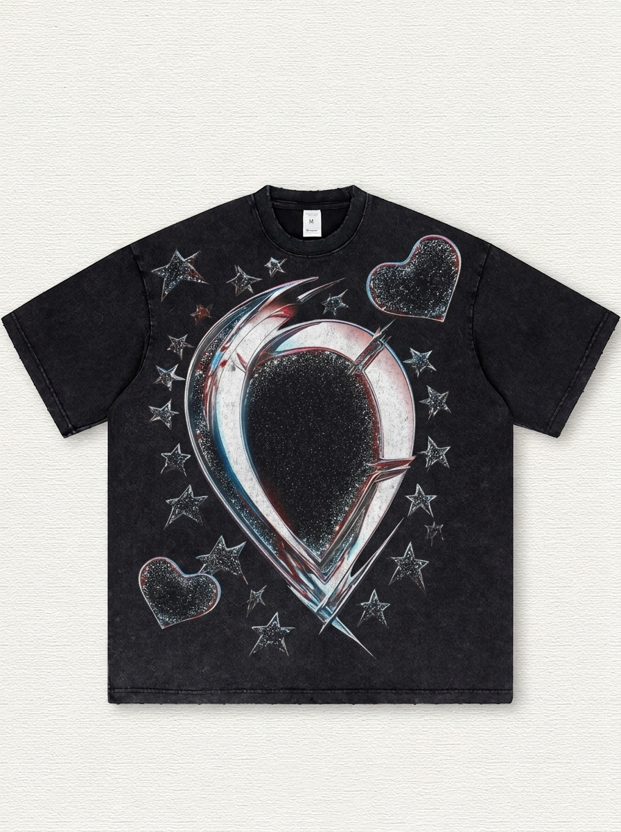 Black washed finish with a curved heart print