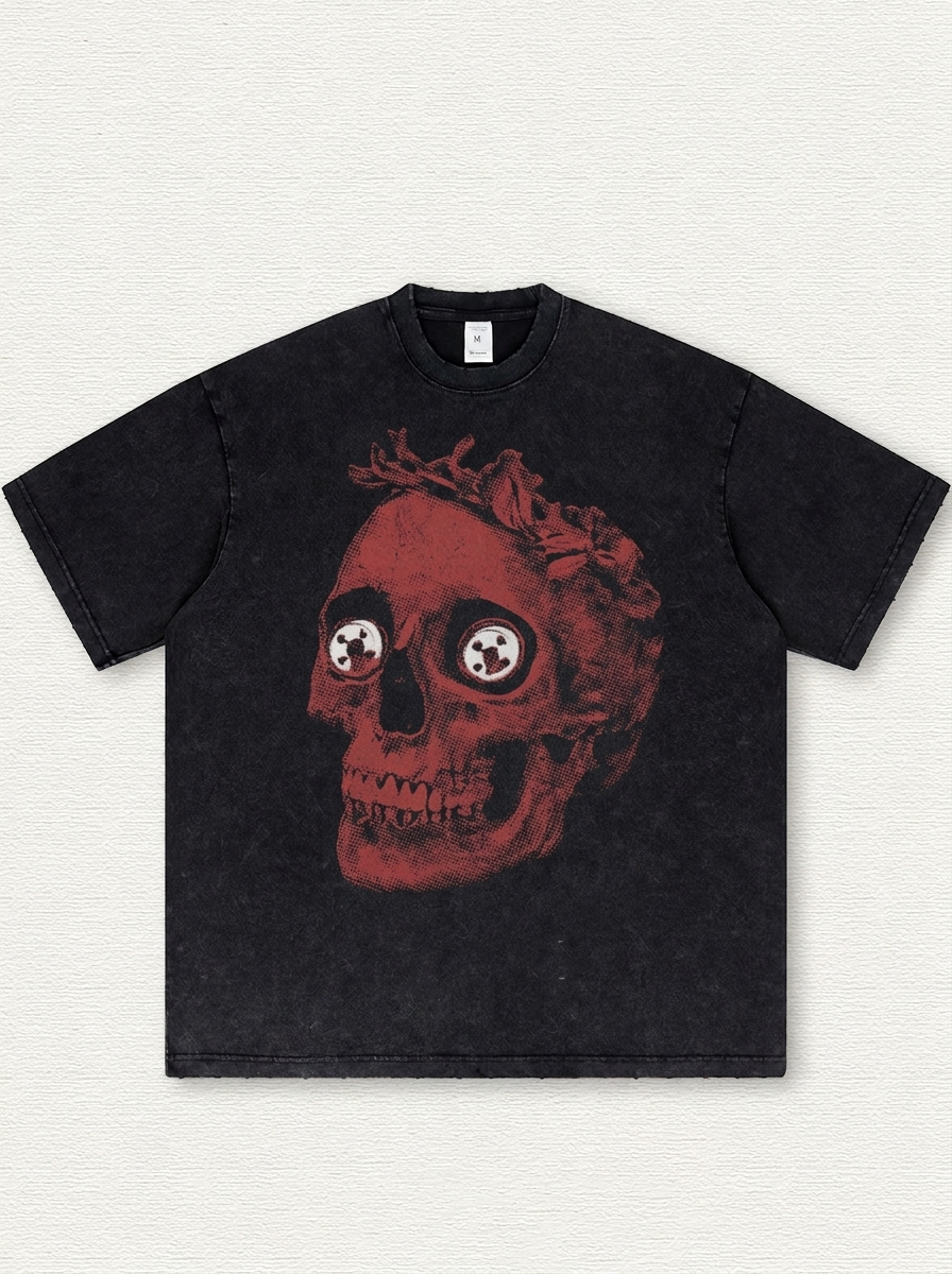 Black washed-effect pixelated skull print